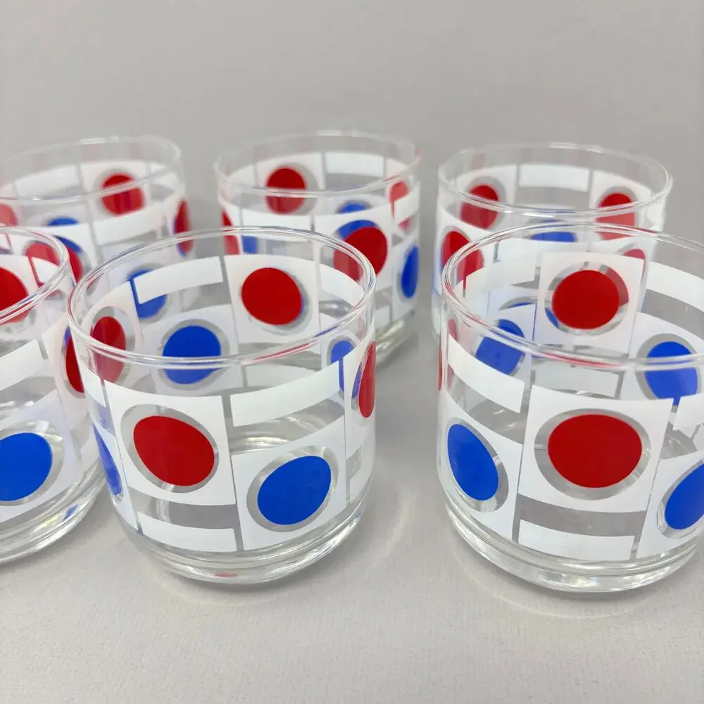 Set of 8 Vintage MCM Libbey Patriotic Red White Blue Dot Pattern Low Ball READ